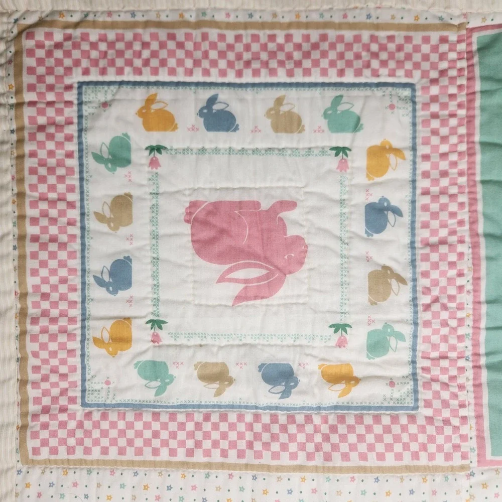 Vintage Cuddle Prints Fabri-Quilt Baby Blanket Pastel Bunny Alphabet Patchwork